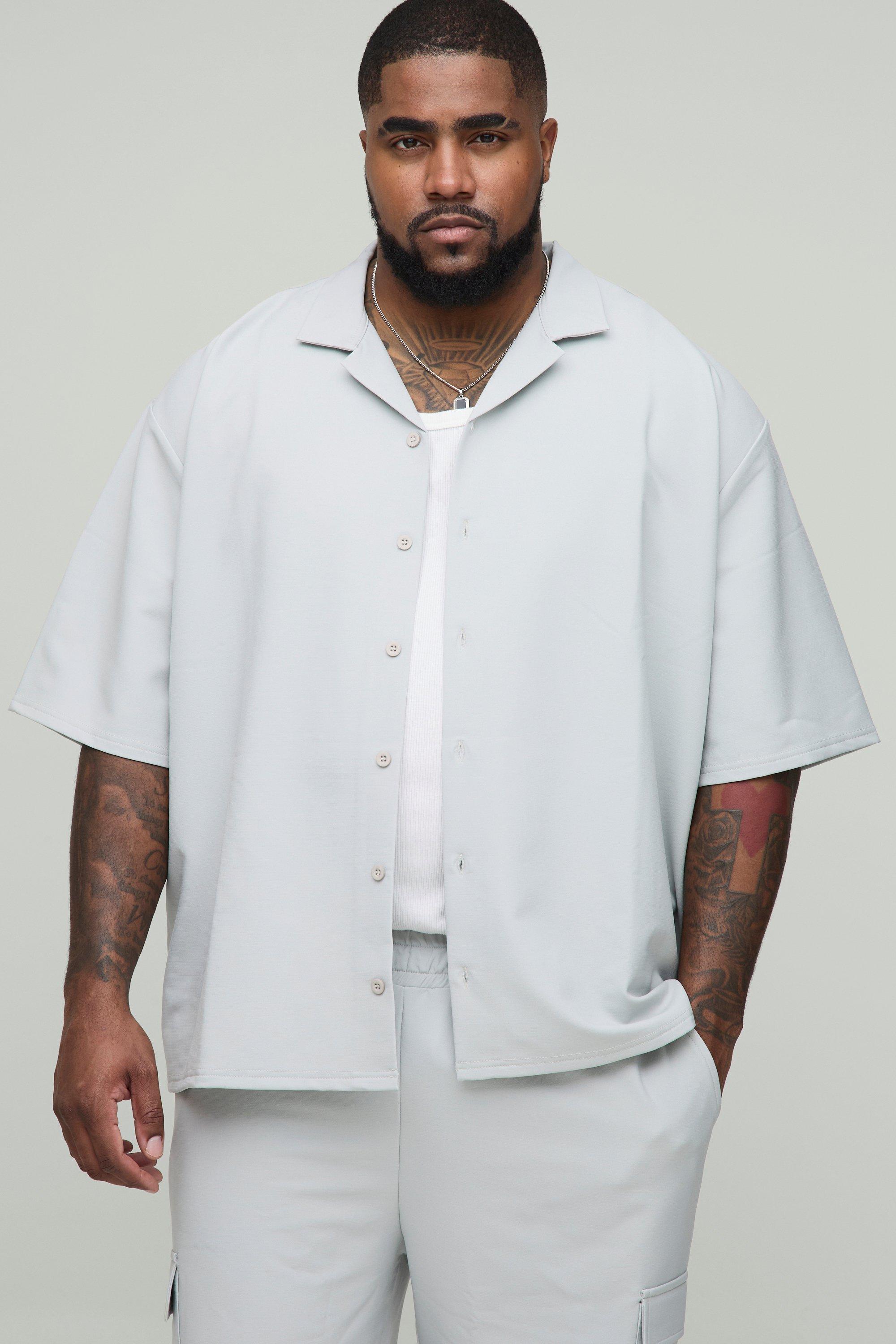 Mens Grey Plus Oversized Technical Stretch Revere Shirt, Grey